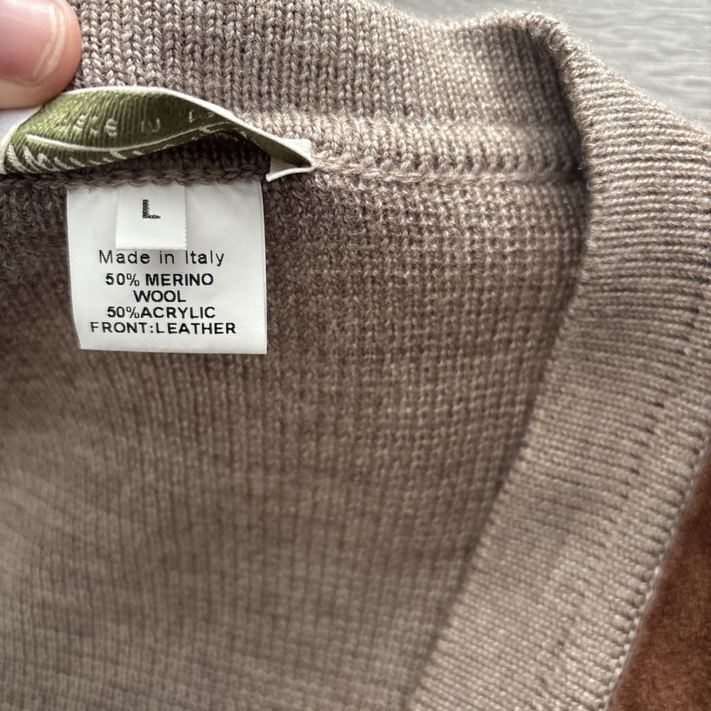 VTG Norm Thompson Mens L Cosby Leather Wool Cable Knit Cardigan Sweater Italy - Picture 8 of 16